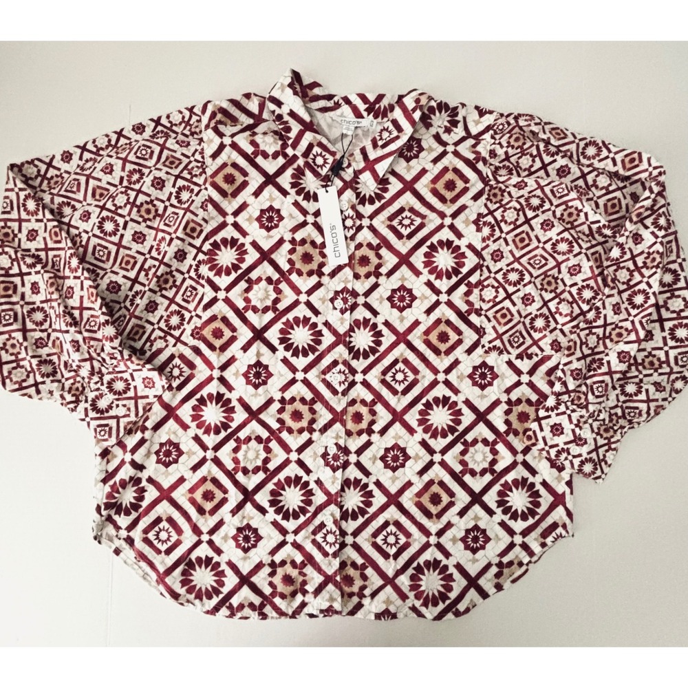 Chicos Desert Star Dolman Shirt 12R Blackcurrant Geometric Linen Bld Relaxed NWT